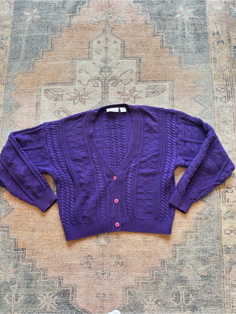 Vintage Nordstrom Purple Cable-Knit V-Neck Button Cardigan